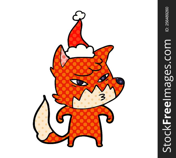 clever hand drawn comic book style illustration of a fox wearing santa hat. clever hand drawn comic book style illustration of a fox wearing santa hat