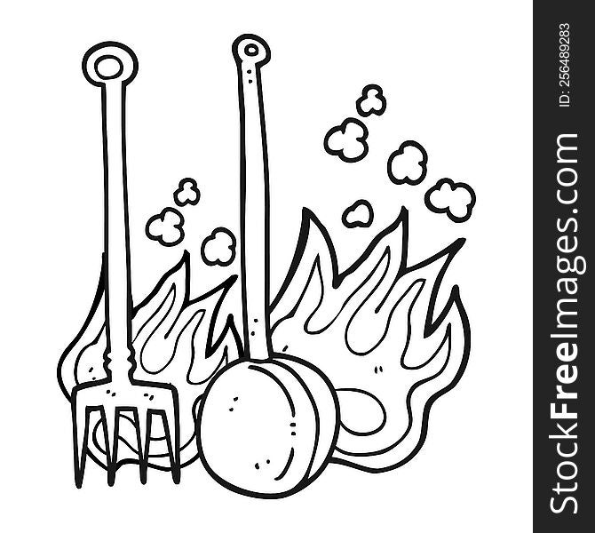 freehand drawn black and white cartoon hot fireside tools