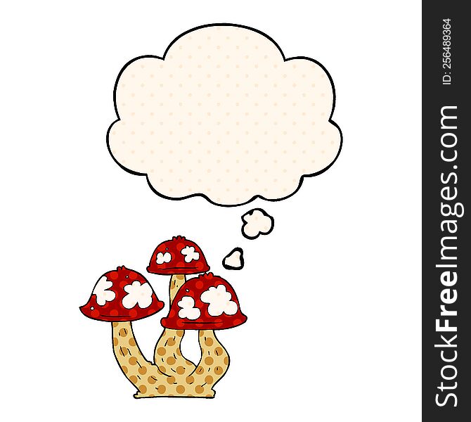 cartoon mushrooms with thought bubble in comic book style