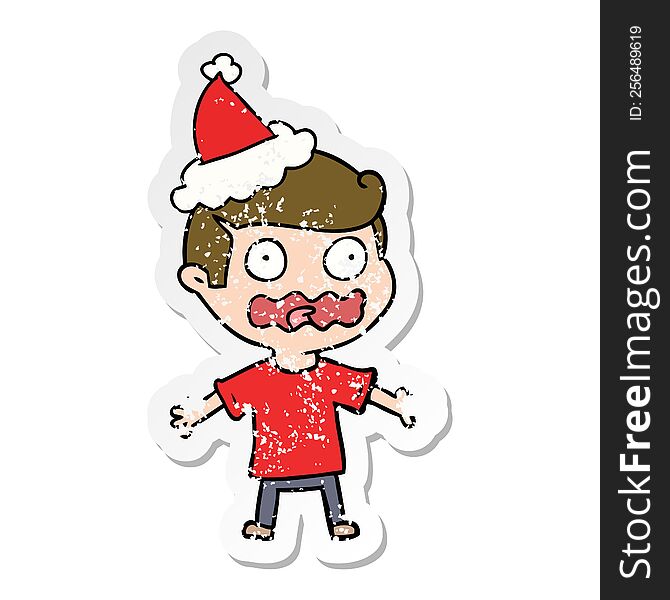 Distressed Sticker Cartoon Of A Man Totally Stressed Out Wearing Santa Hat