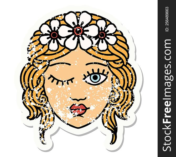 distressed sticker tattoo in traditional style of a maidens face winking. distressed sticker tattoo in traditional style of a maidens face winking