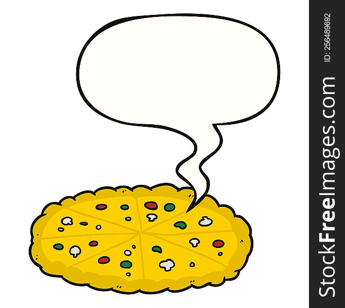 cartoon double cheese pizza with speech bubble