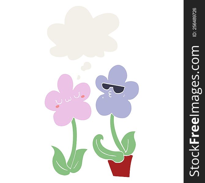 Cute Cartoon Flower And Thought Bubble In Retro Style