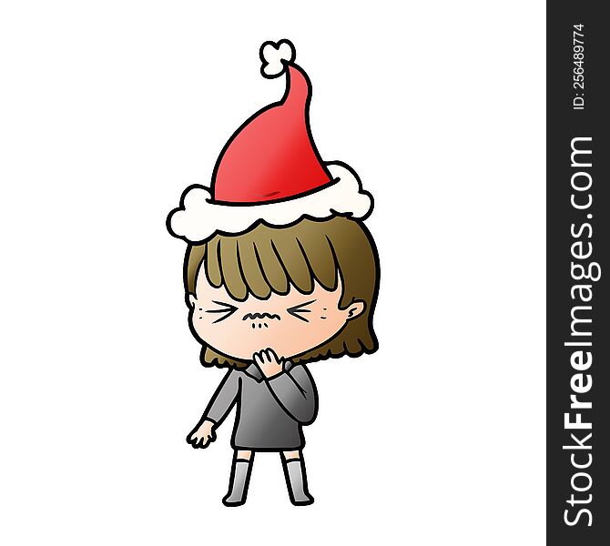 hand drawn gradient cartoon of a girl regretting a mistake wearing santa hat
