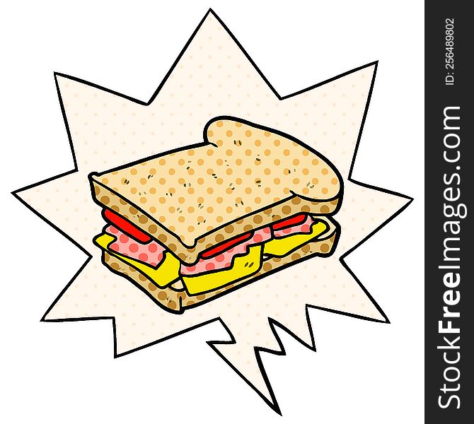 Cartoon Ham Cheese Tomato Sandwich And Speech Bubble In Comic Book Style