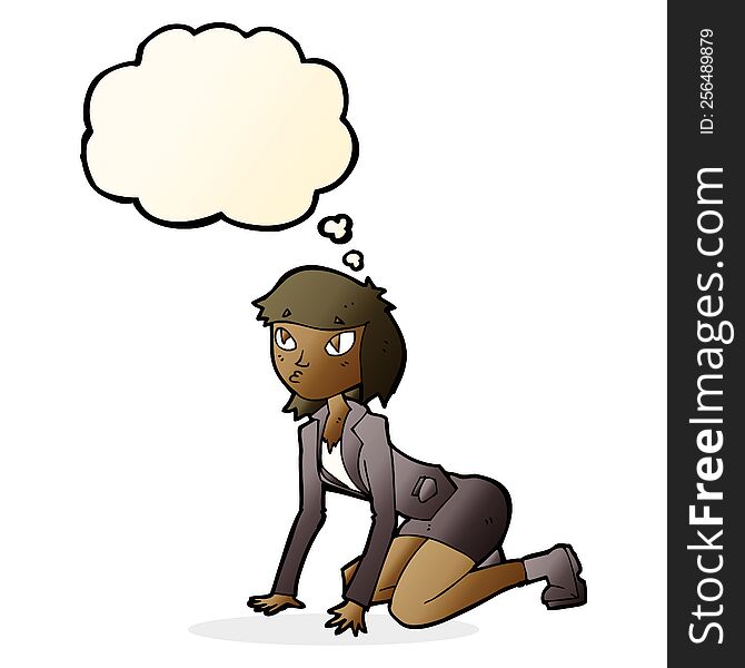 cartoon woman on hands and knees with thought bubble