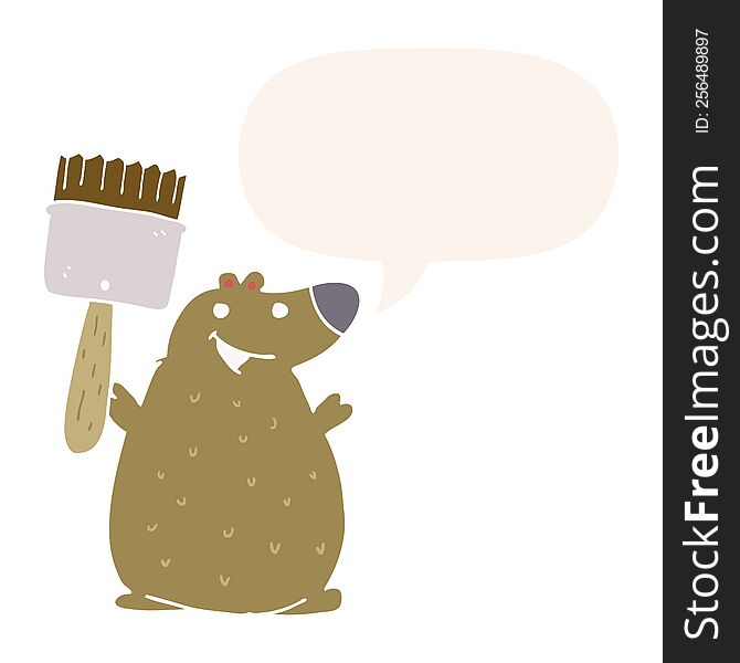 Cartoon Bear And Paint Brush And Speech Bubble In Retro Style