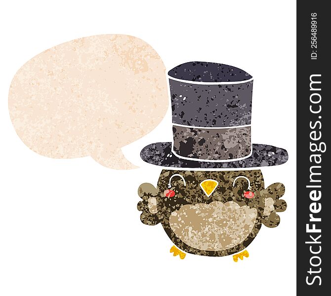 cartoon owl wearing top hat with speech bubble in grunge distressed retro textured style. cartoon owl wearing top hat with speech bubble in grunge distressed retro textured style