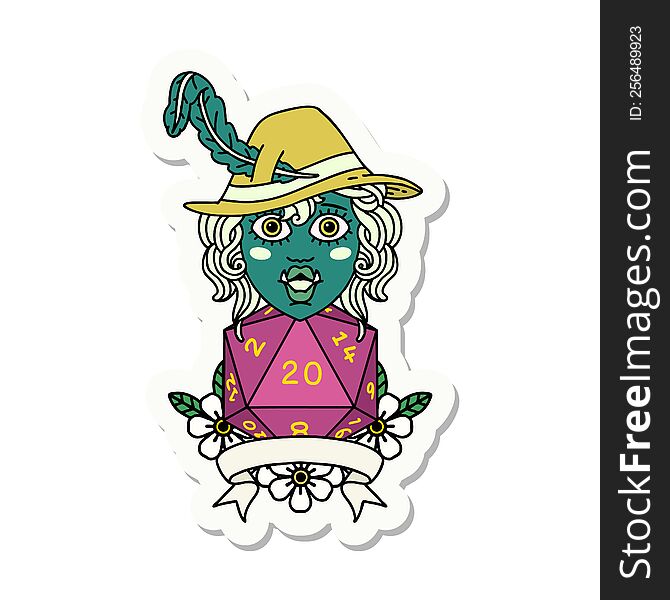 sticker of a half orc bard with natural 20 dice roll. sticker of a half orc bard with natural 20 dice roll