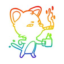 Rainbow Gradient Line Drawing Serious Business Cat With Coffee And Cigar Stock Photo