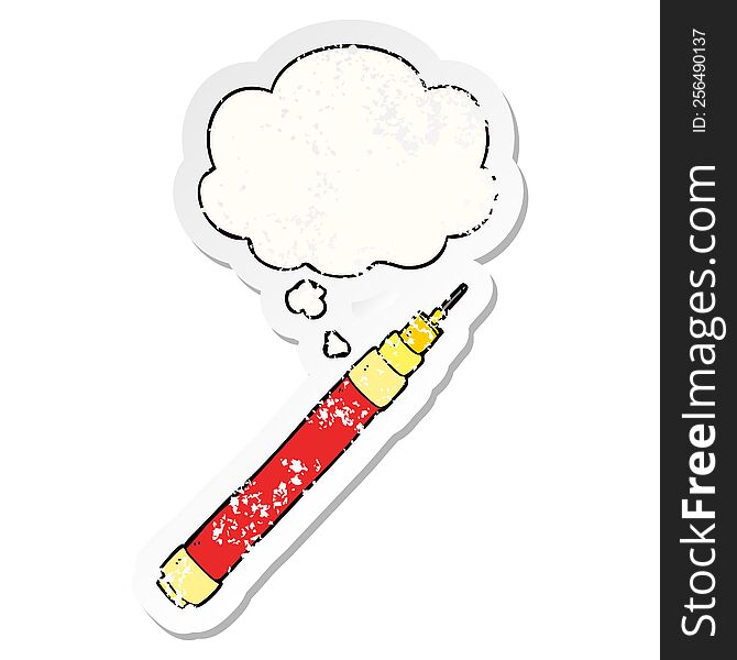 cartoon pen with thought bubble as a distressed worn sticker