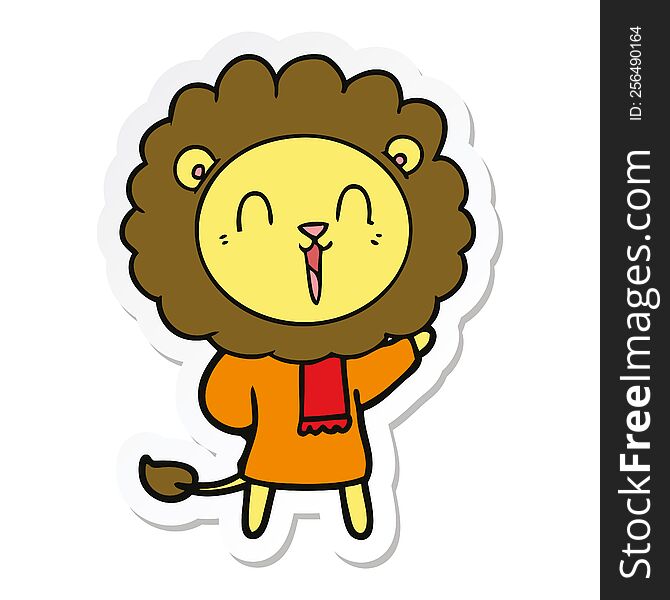 Sticker Of A Laughing Lion Cartoon In Winter Clothes