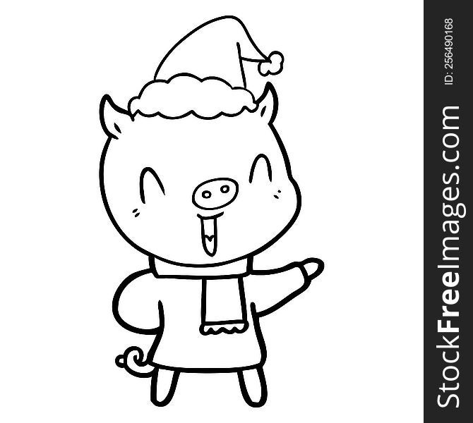 happy hand drawn line drawing of a pig in winter clothes wearing santa hat. happy hand drawn line drawing of a pig in winter clothes wearing santa hat