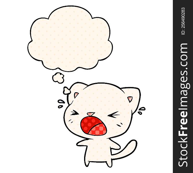 cartoon cat crying with thought bubble in comic book style
