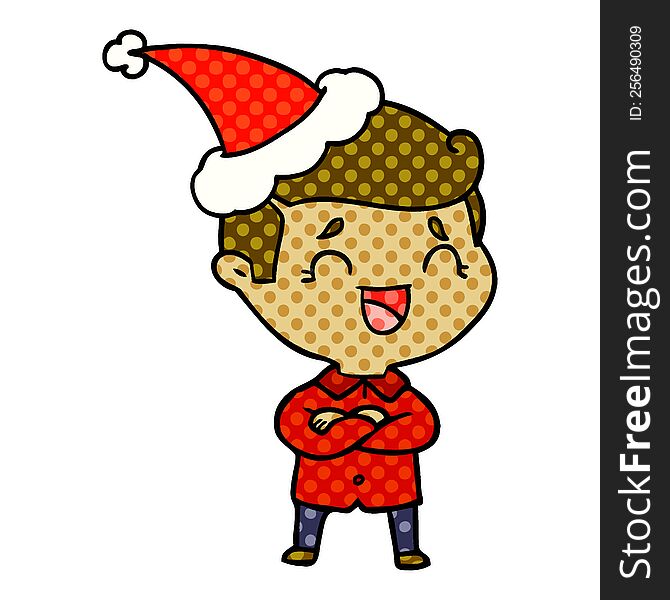 hand drawn comic book style illustration of a laughing man wearing santa hat