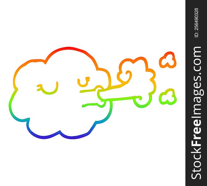 rainbow gradient line drawing of a cartoon cloud blowing a gale