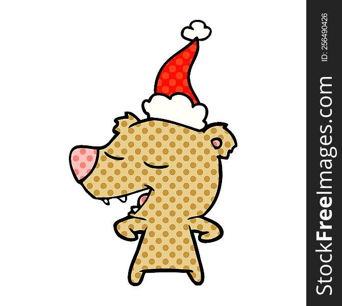 hand drawn comic book style illustration of a bear wearing santa hat