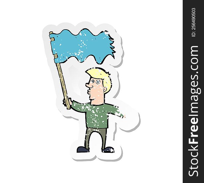 retro distressed sticker of a cartoon man waving flag