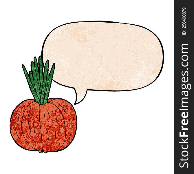 cartoon vegetable with speech bubble in retro texture style
