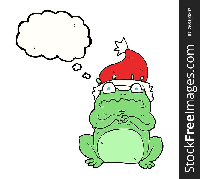 freehand drawn thought bubble cartoon frog in christmas hat