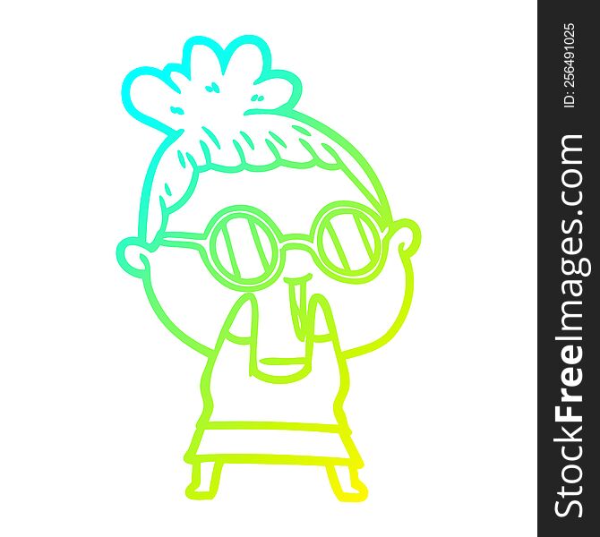 cold gradient line drawing of a cartoon shy woman wearing spectacles