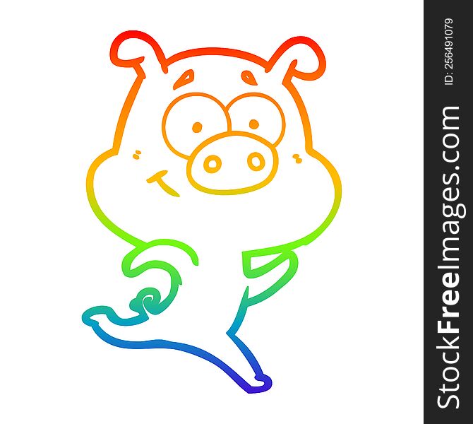Rainbow Gradient Line Drawing Happy Cartoon Pig Running