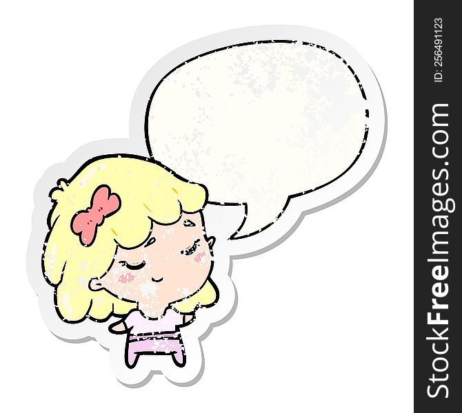 Cute Cartoon Happy Girl And Speech Bubble Distressed Sticker