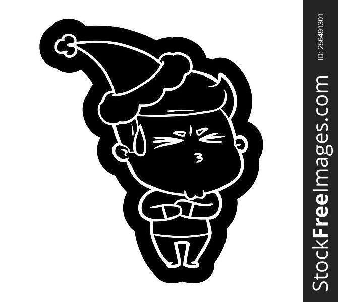 quirky cartoon icon of a frustrated man wearing santa hat