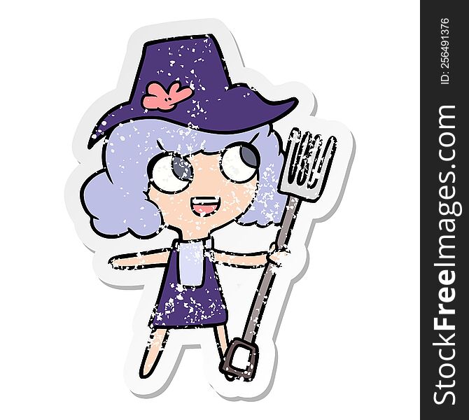distressed sticker of a cartoon farmer girl with fork