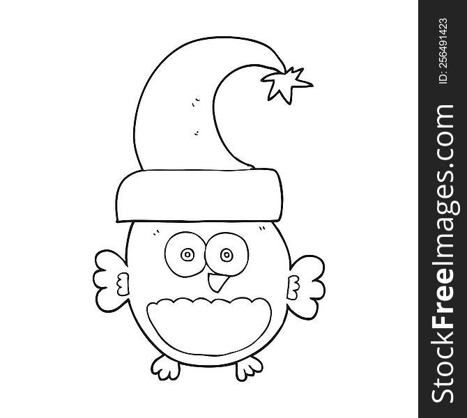 freehand drawn black and white cartoon little christmas owl
