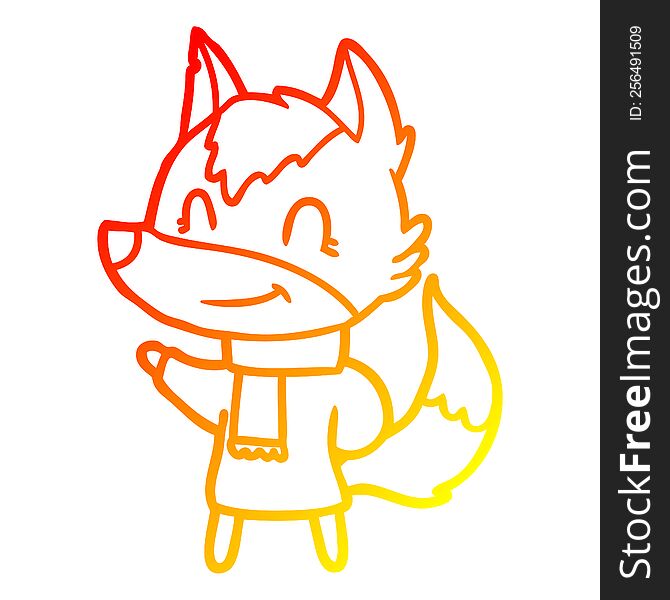 warm gradient line drawing of a friendly cartoon wolf in winter clothes