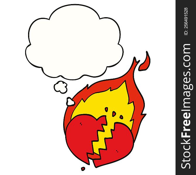 cartoon flaming heart with thought bubble. cartoon flaming heart with thought bubble