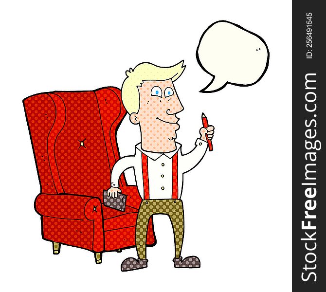 comic book speech bubble cartoon man with notebook and pen