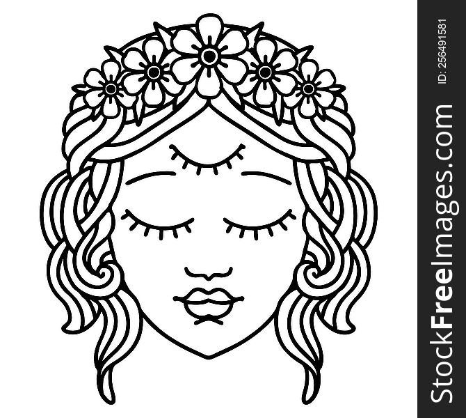 tattoo in black line style of female face with third eye. tattoo in black line style of female face with third eye