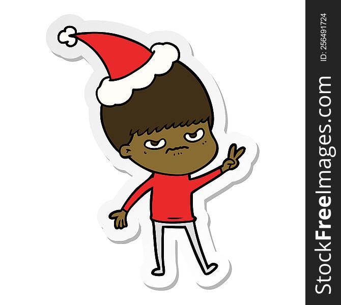 Annoyed Sticker Cartoon Of A Boy Wearing Santa Hat