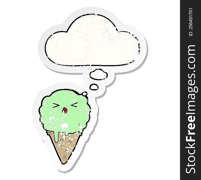 cartoon ice cream with thought bubble as a distressed worn sticker