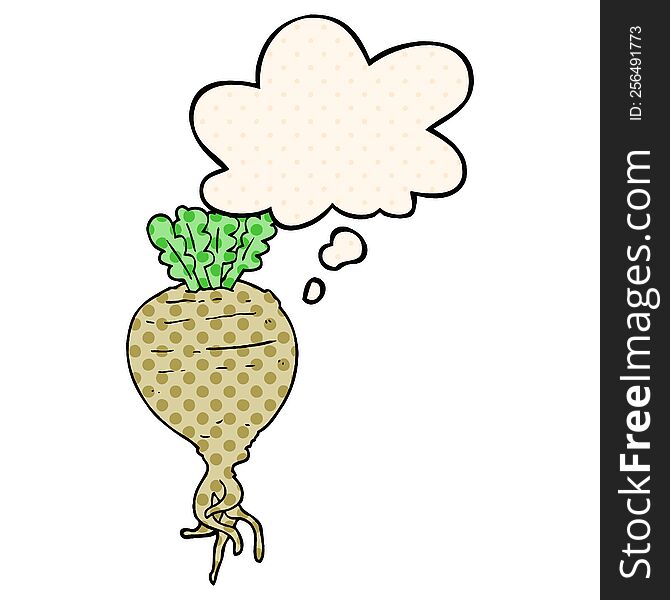 cartoon root vegetable with thought bubble in comic book style