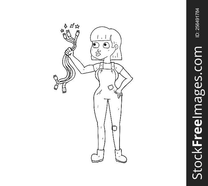 Black And White Cartoon Female Electrician