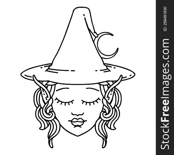 Black and White Tattoo linework Style elf mage character face. Black and White Tattoo linework Style elf mage character face