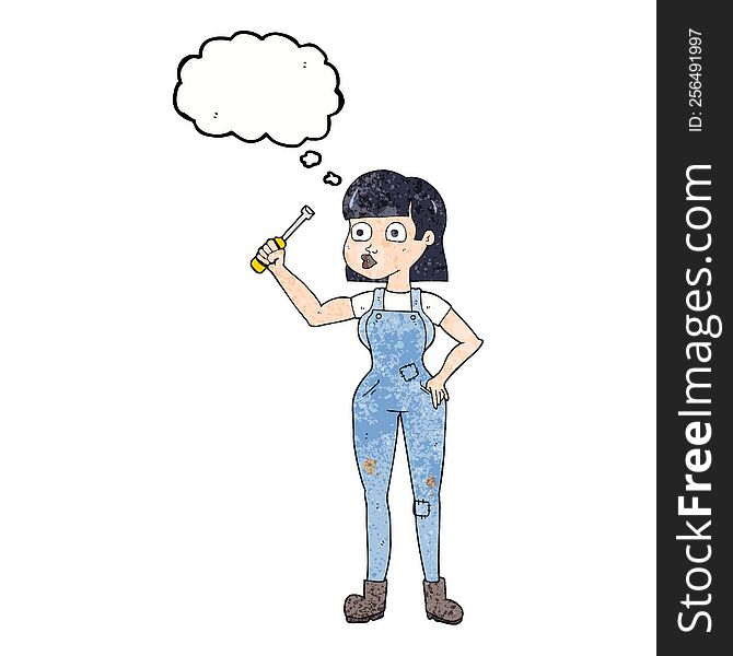 freehand drawn thought bubble textured cartoon female mechanic