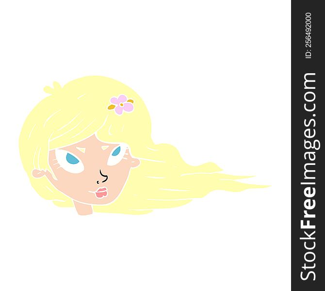 Flat Color Illustration Of A Cartoon Woman With Blowing Hair