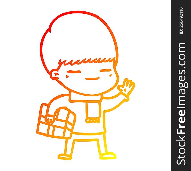 warm gradient line drawing of a cartoon smug boy carrying present