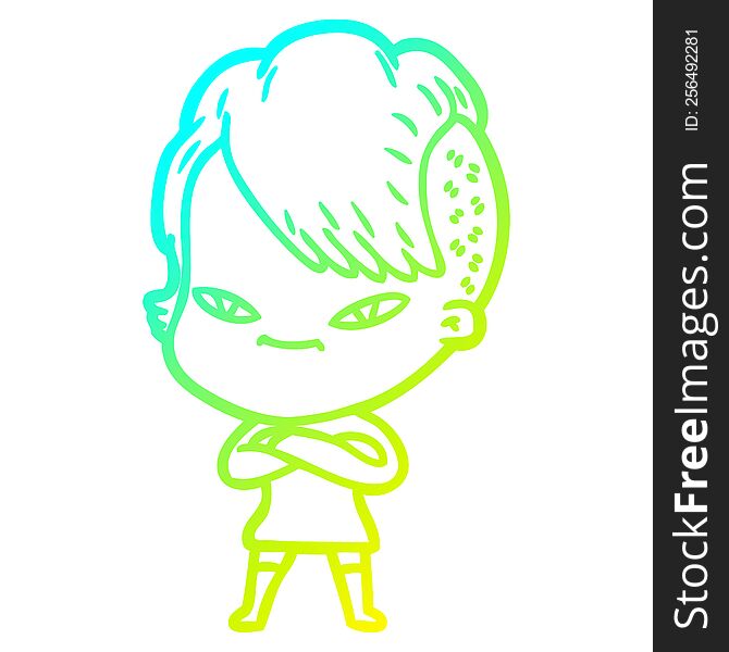 Cold Gradient Line Drawing Cute Cartoon Girl With Hipster Haircut