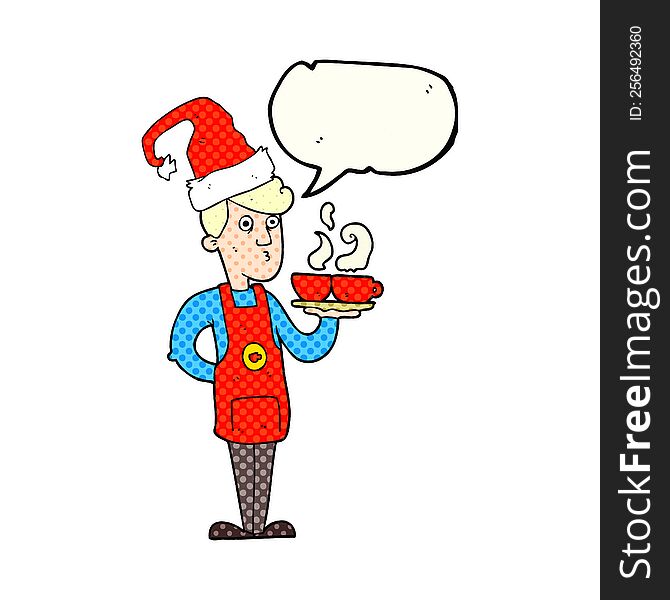 freehand drawn comic book speech bubble cartoon barista serving coffee at christmas