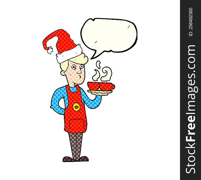 Comic Book Speech Bubble Cartoon Barista Serving Coffee At Christmas