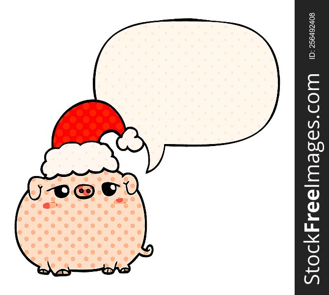 Cartoon Pig Wearing Christmas Hat And Speech Bubble In Comic Book Style