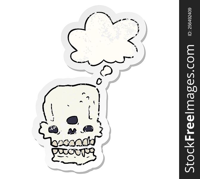 cartoon spooky skull with thought bubble as a distressed worn sticker