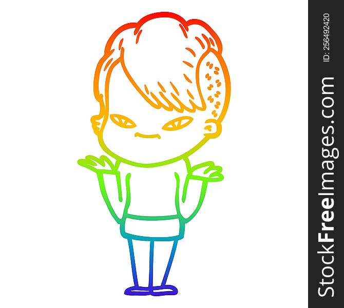 Rainbow Gradient Line Drawing Cute Cartoon Girl With Hipster Haircut