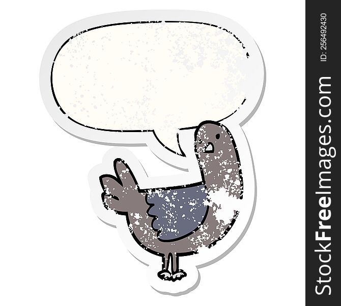 cartoon pigeon with speech bubble distressed distressed old sticker. cartoon pigeon with speech bubble distressed distressed old sticker