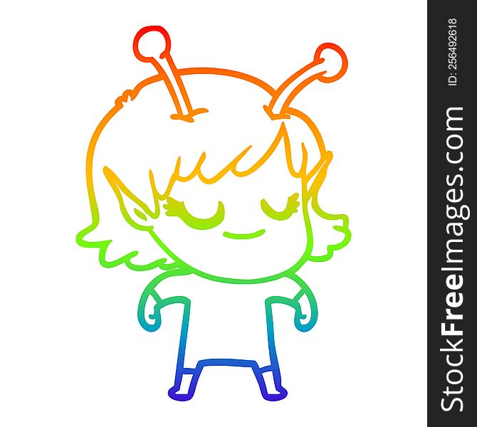 rainbow gradient line drawing of a smiling alien girl cartoon